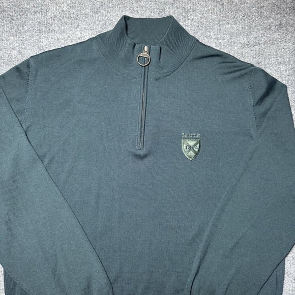 Barbour Quarter Zip Green Wool Sweater Size XL 1804 Crest Long Sleeve Crew Neck - Picture 3 of 12